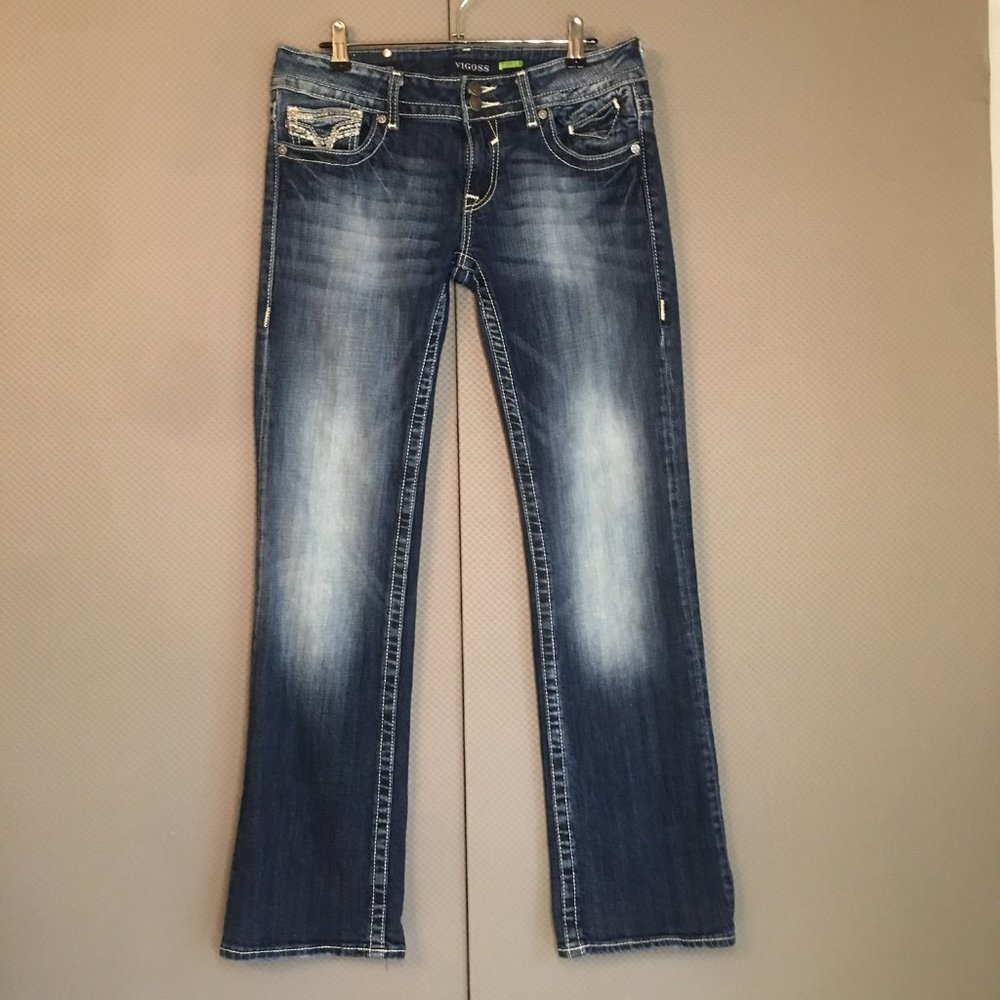 Vigoss The Chelsea Jeans Size 30x33 Boot Cut Embellished Denim Low Rise